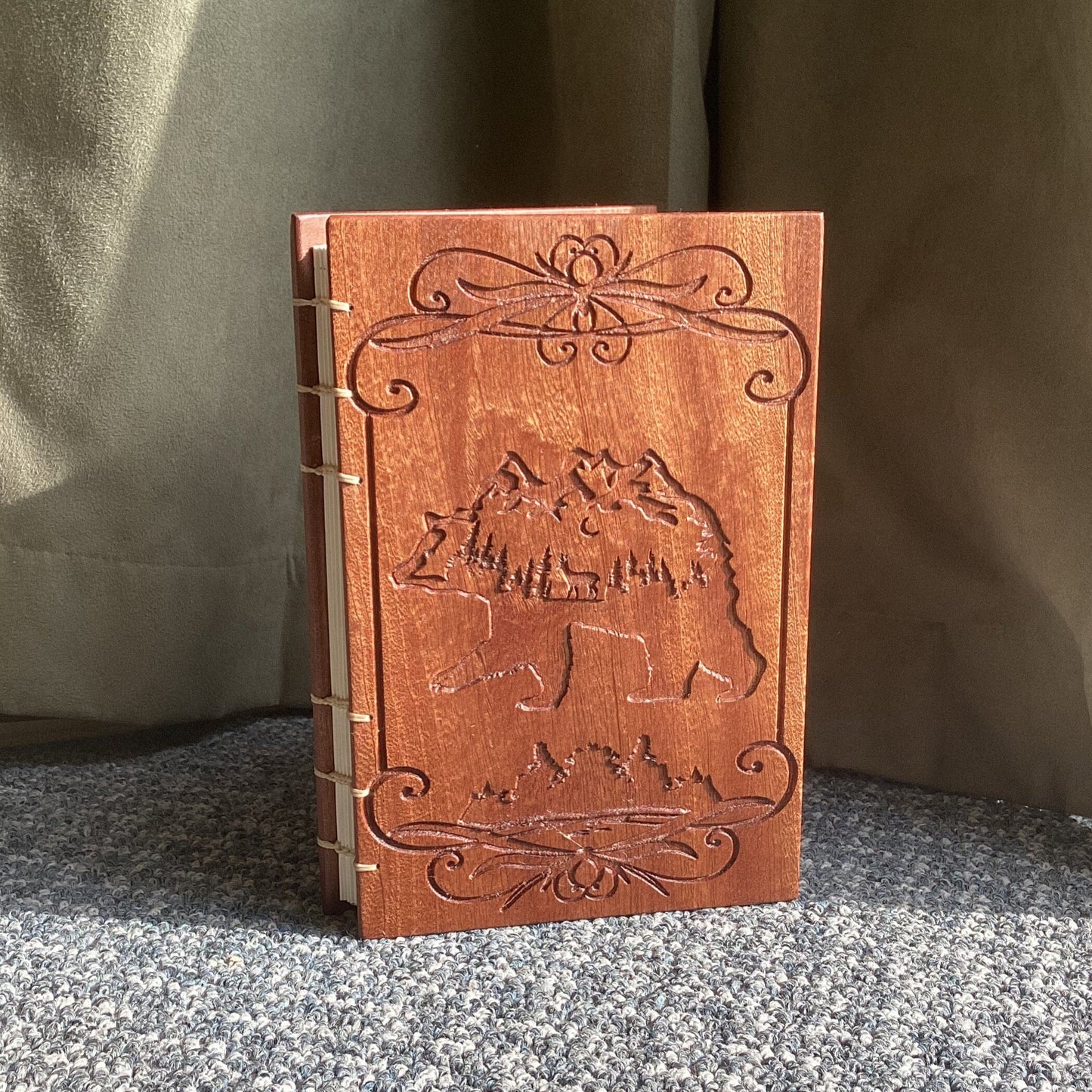 Engraved Personalized Journal, Bear, Canadian, Christmas Gift, Birthday gift, Sapele (Mahogany), Coptic Stitched Custom Carved Journals, Guest Books, Journals and Notebooks 8th Line Creations