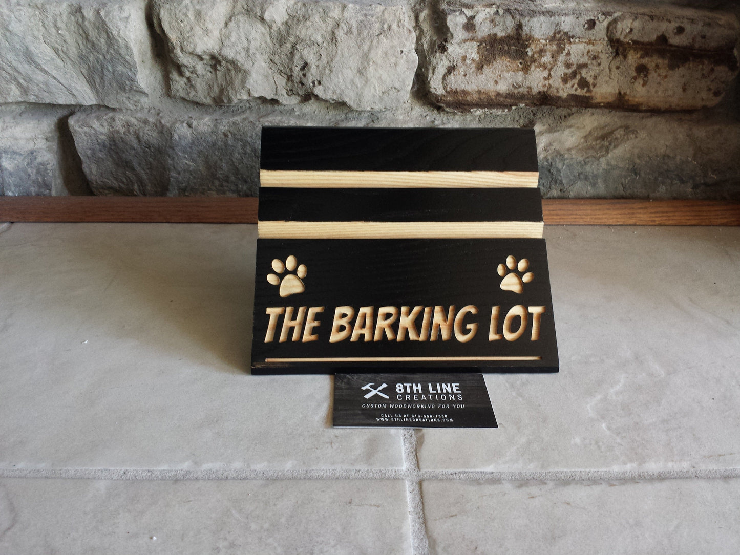 Wooden business card holder with carved logo holds 10 different cards Business Card Stands 8th Line Creations