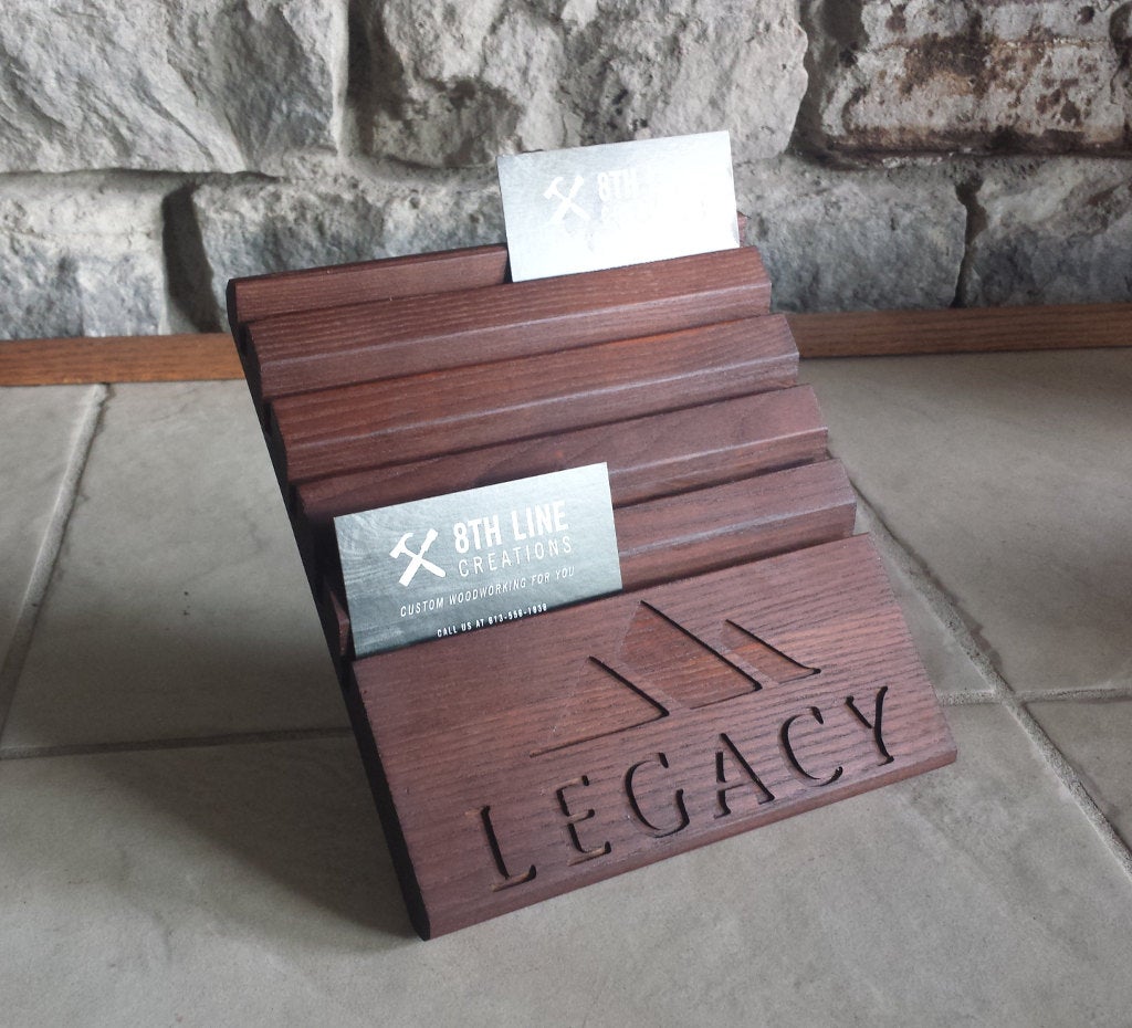 Wooden business card holder with carved logo holds 10 different cards Business Card Stands 8th Line Creations