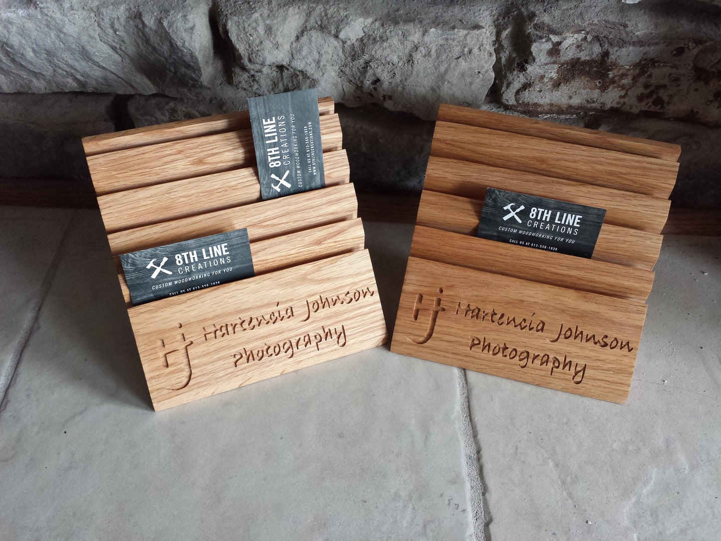Wooden business card holder with carved logo holds 10 different cards Business Card Stands 8th Line Creations