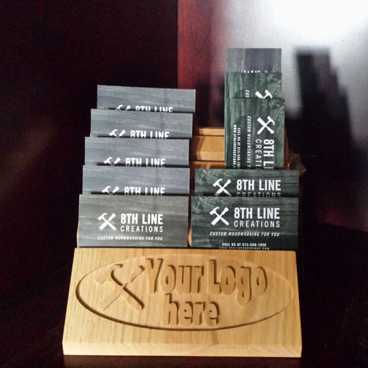 Wooden business card holder with carved logo holds 10 different cards Business Card Stands 8th Line Creations 