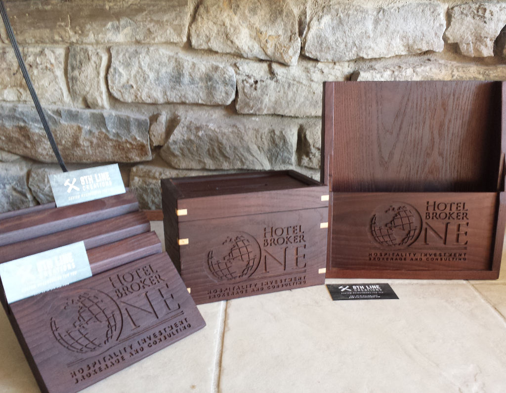 Wooden business card holder with carved logo holds 10 different cards Business Card Stands 8th Line Creations