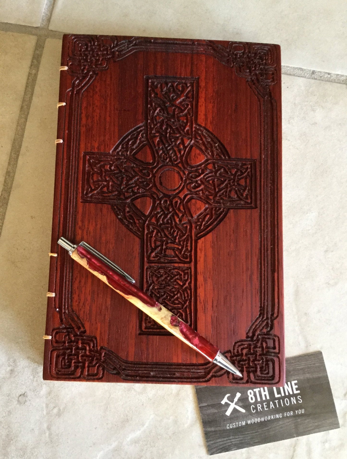 Celtic cross carved coptic stitched journal, Mother's day gift - padauk Custom Carved Journals, Guest Books, Journals and Notebooks 8th Line Creations
