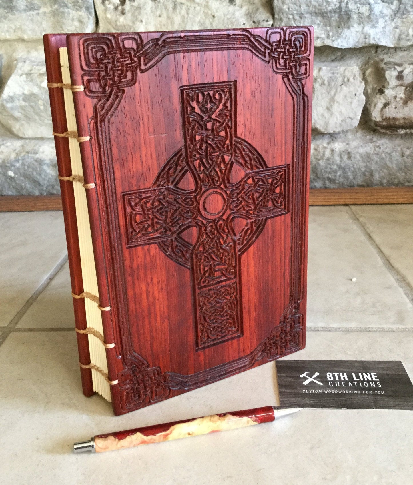 Celtic cross carved coptic stitched journal, Mother's day gift - padauk Custom Carved Journals, Guest Books, Journals and Notebooks 8th Line Creations 