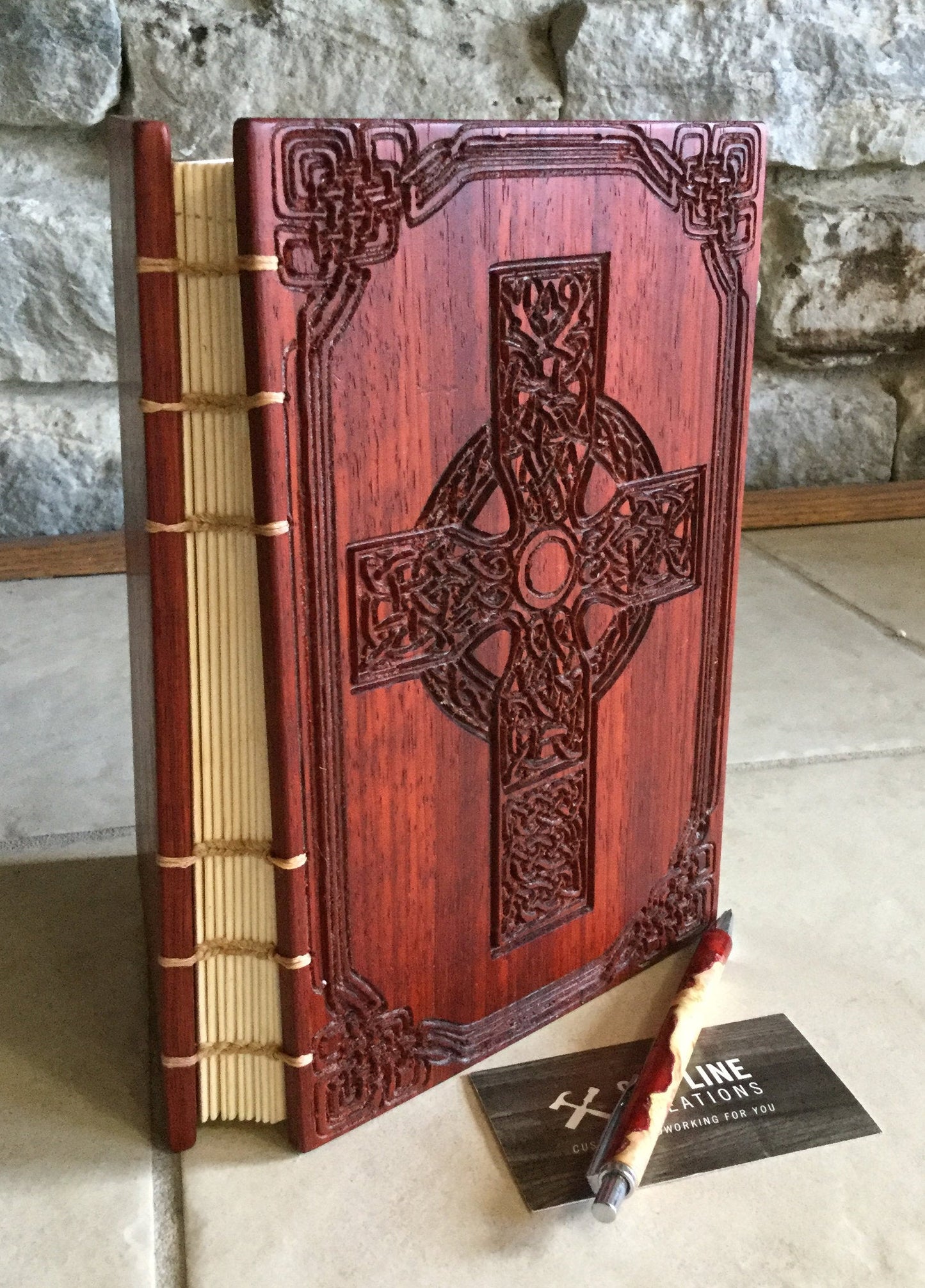 Celtic cross carved coptic stitched journal, Mother's day gift - padauk Custom Carved Journals, Guest Books, Journals and Notebooks 8th Line Creations 