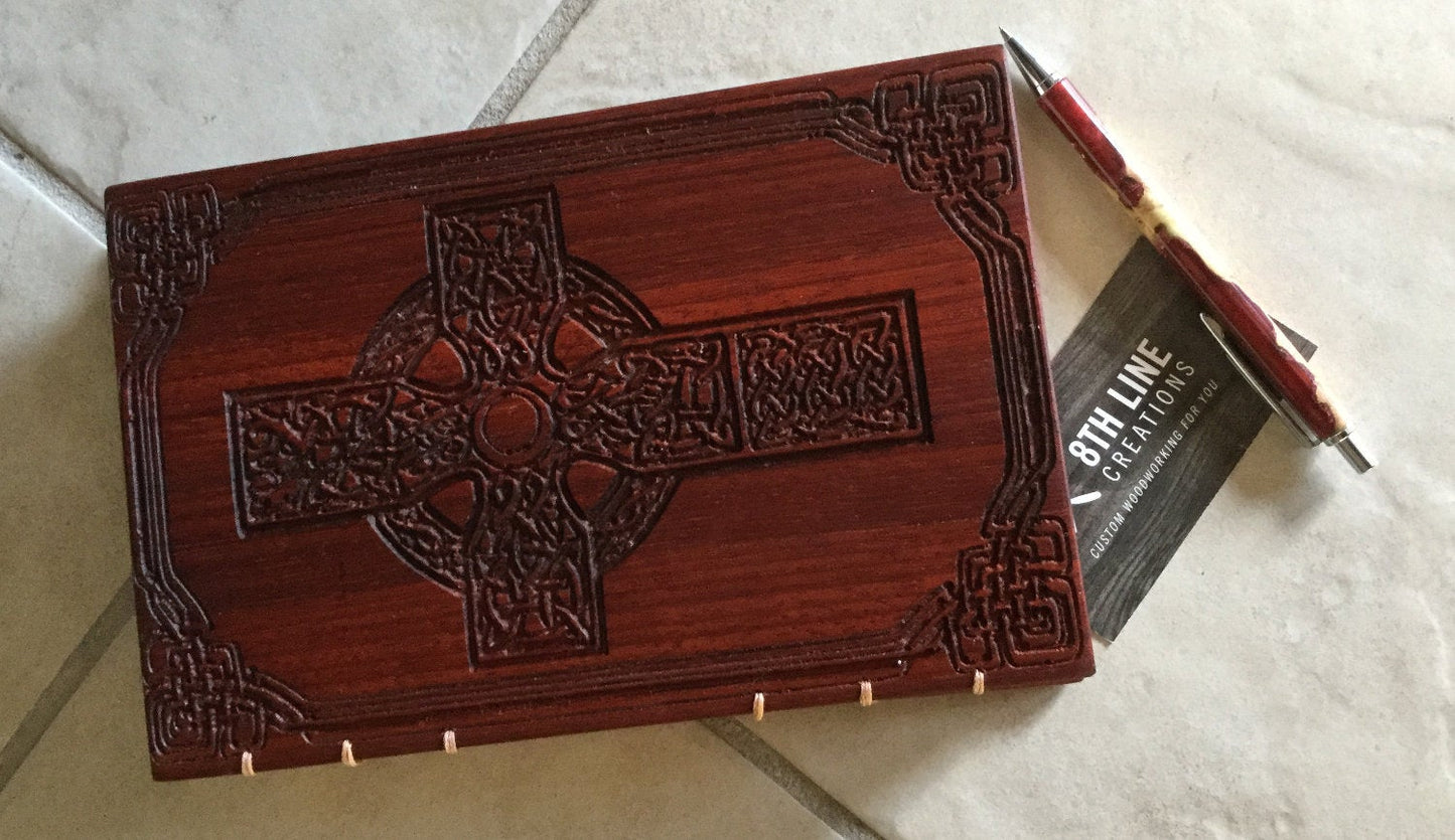 Celtic cross carved coptic stitched journal, Mother's day gift - padauk Custom Carved Journals, Guest Books, Journals and Notebooks 8th Line Creations 