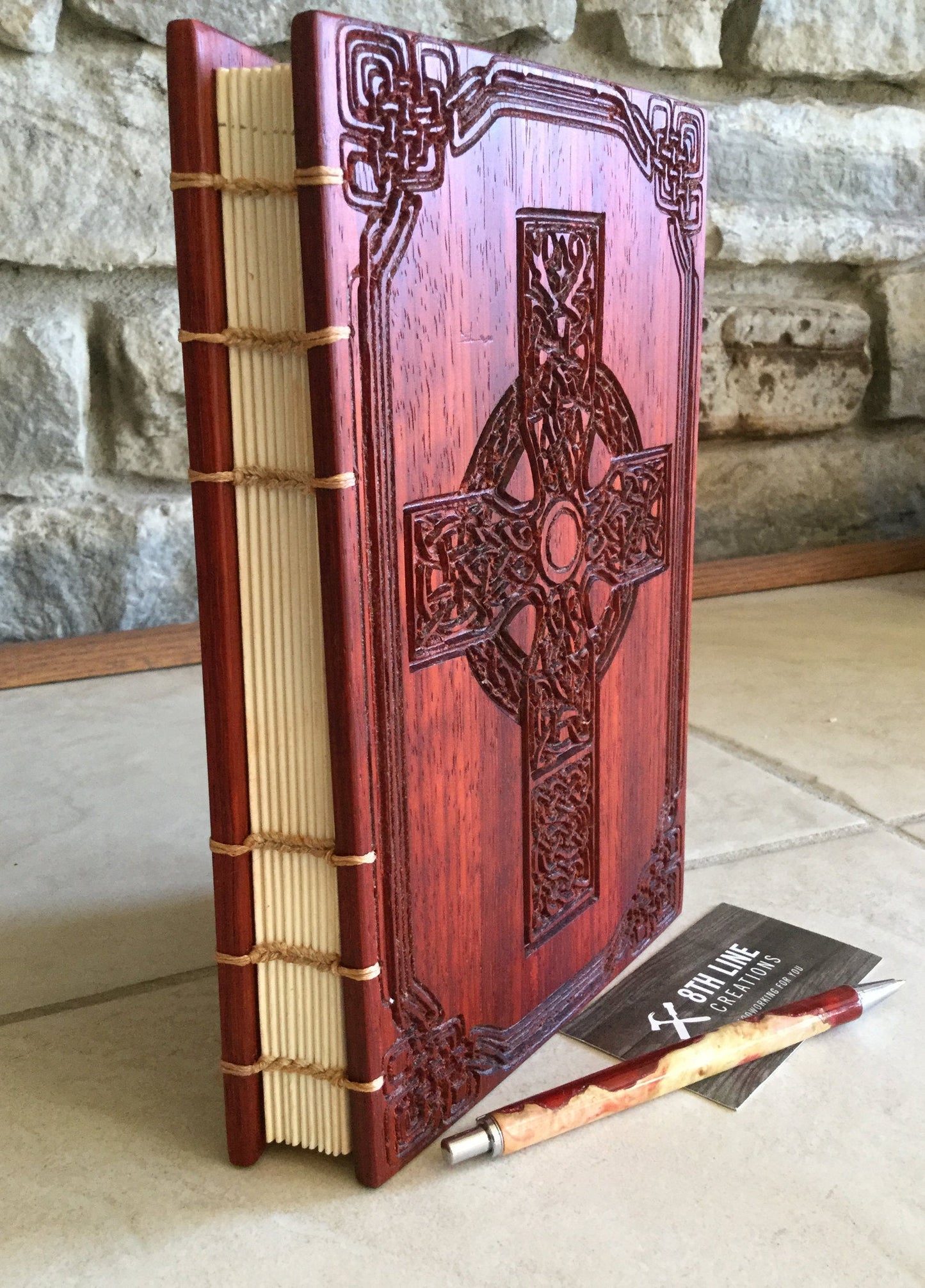 Celtic cross carved coptic stitched journal, Mother's day gift - padauk Custom Carved Journals, Guest Books, Journals and Notebooks 8th Line Creations