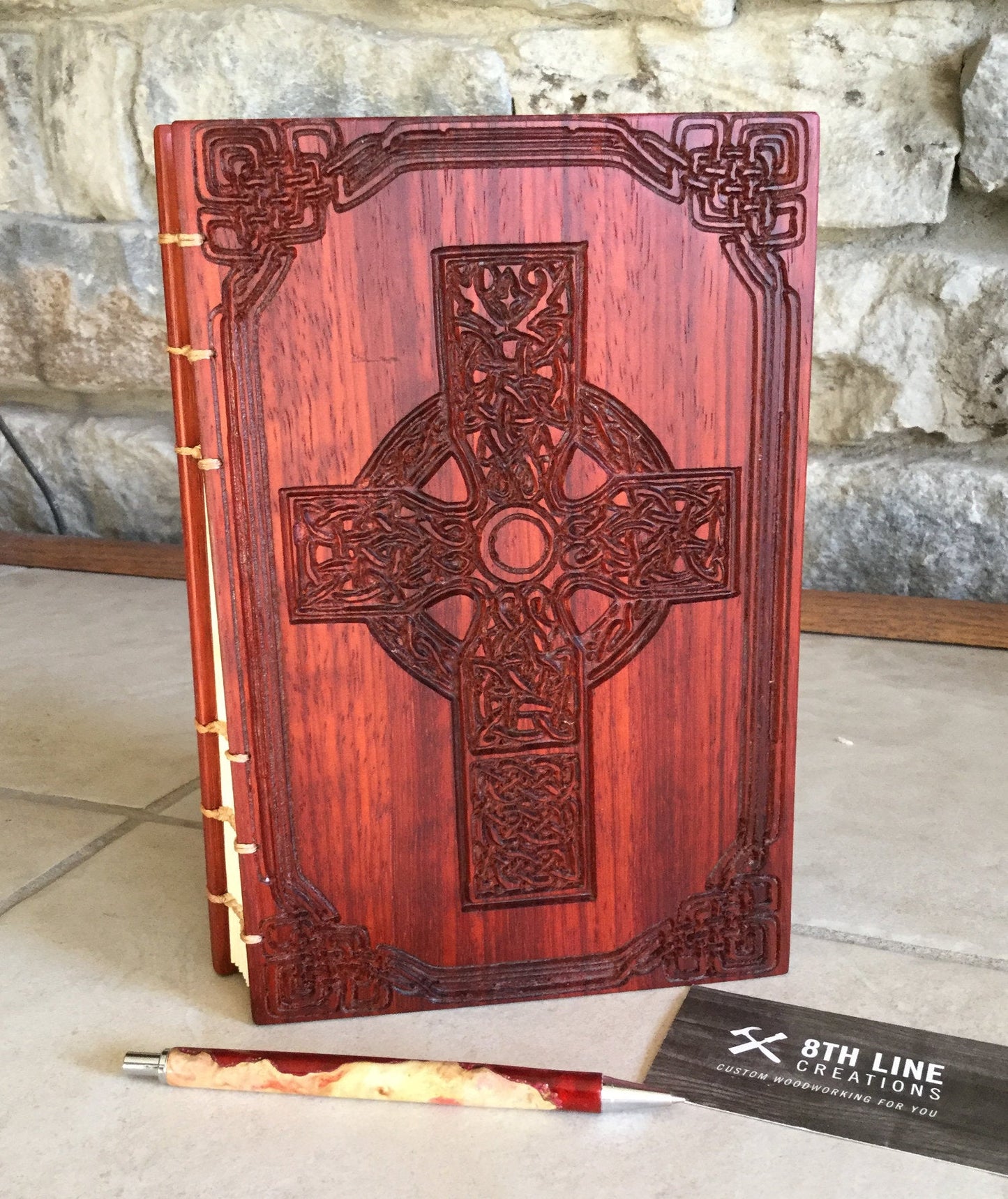 Celtic cross carved coptic stitched journal, Mother's day gift - padauk Custom Carved Journals, Guest Books, Journals and Notebooks 8th Line Creations 