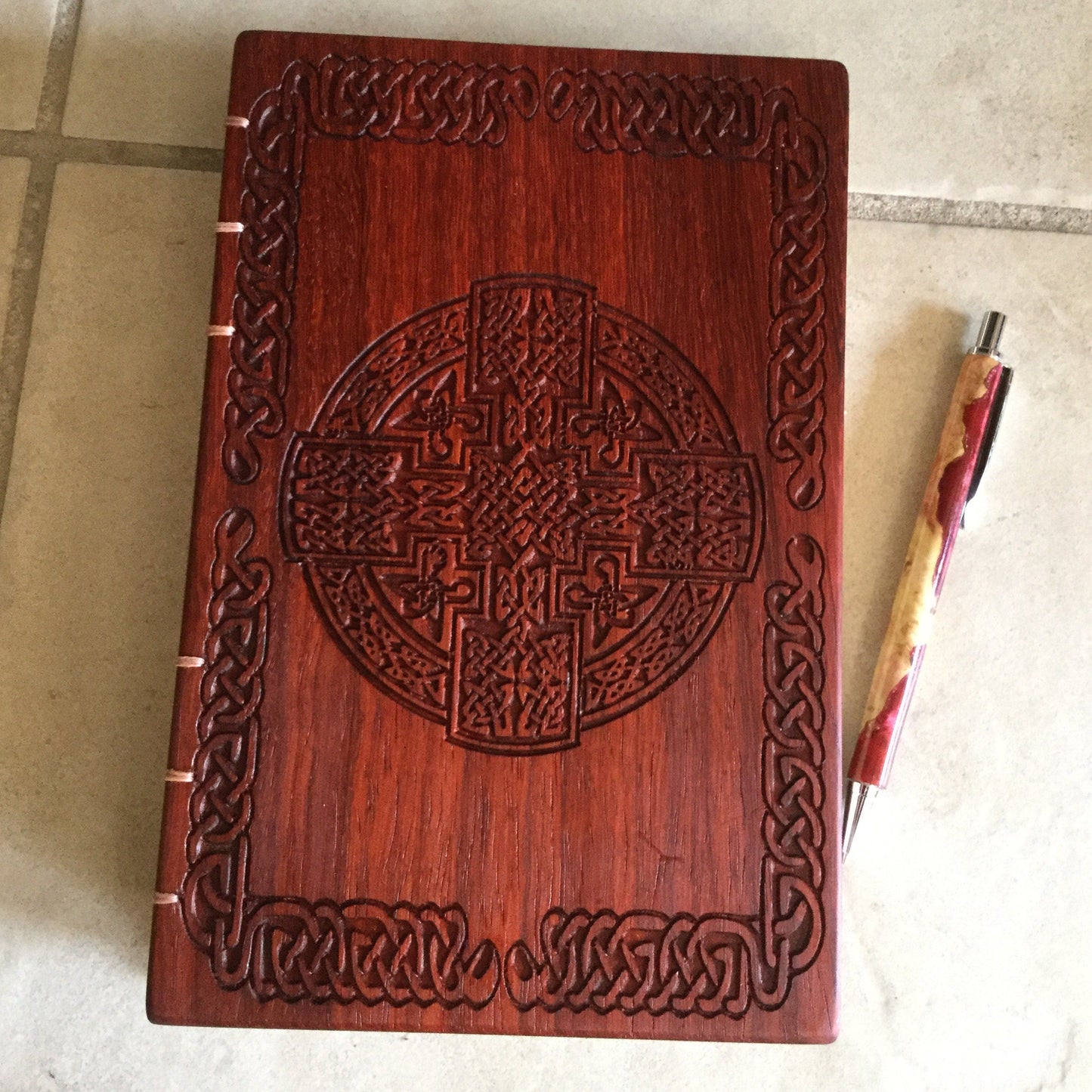 Celtic Knot Coptic Stitched Personalised Wooden Journal - Padauk Custom Carved Diaries, Guest Books, Journals and Notebooks 8th Line Creations