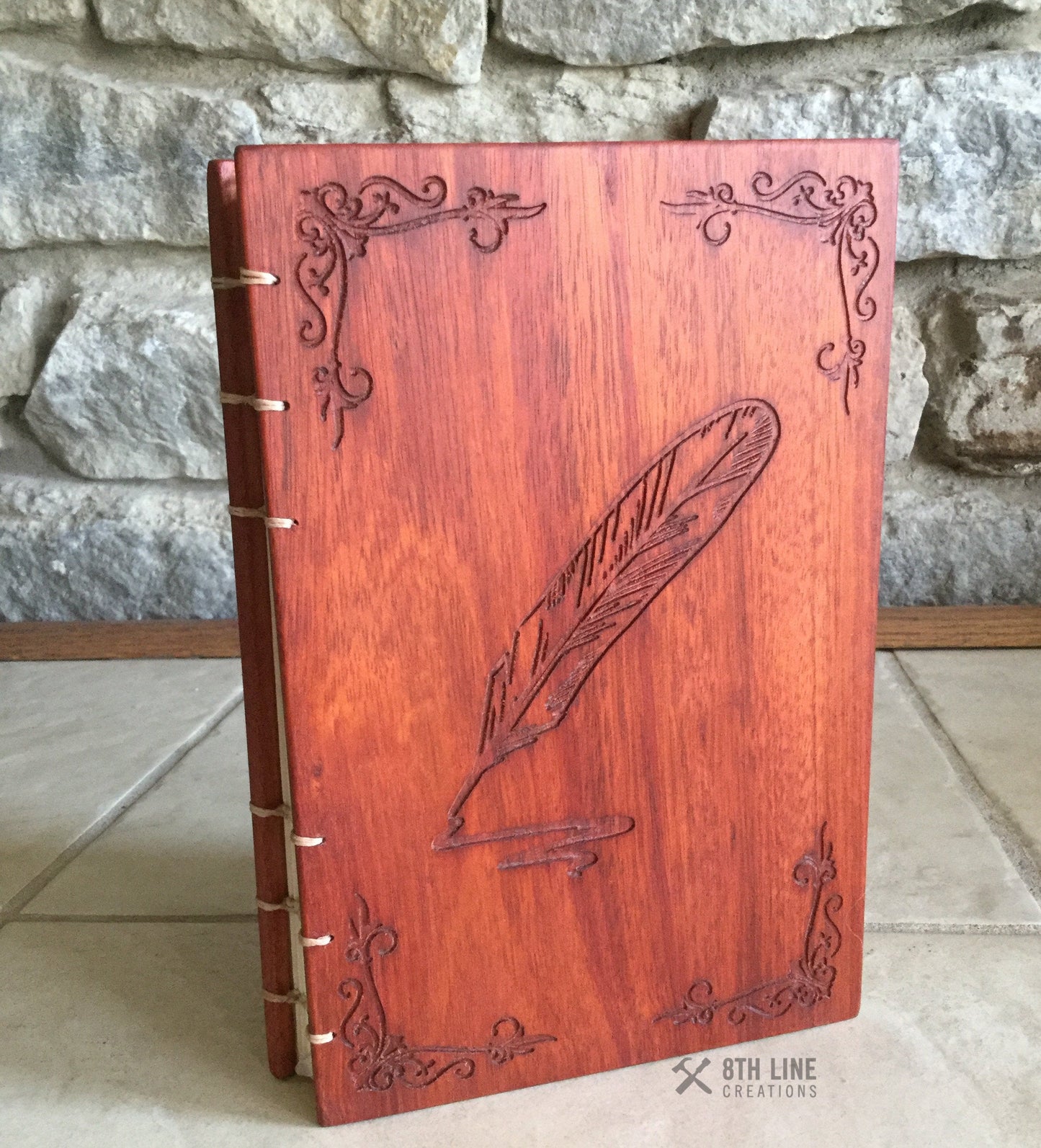 Notebook / diary Journal - Quill Pen Graphic - Padauk Custom Carved Diaries, Guest Books, Journals and Notebooks 8th Line Creations 