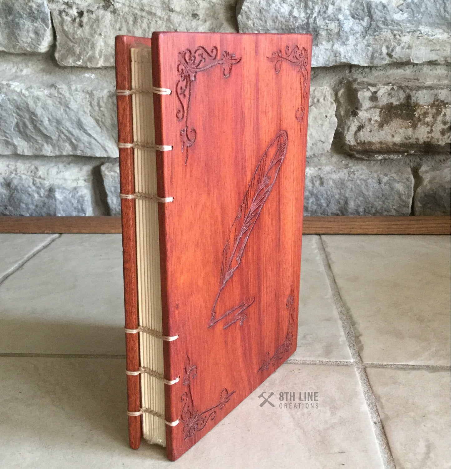 Notebook / diary Journal - Quill Pen Graphic - Padauk Custom Carved Diaries, Guest Books, Journals and Notebooks 8th Line Creations 