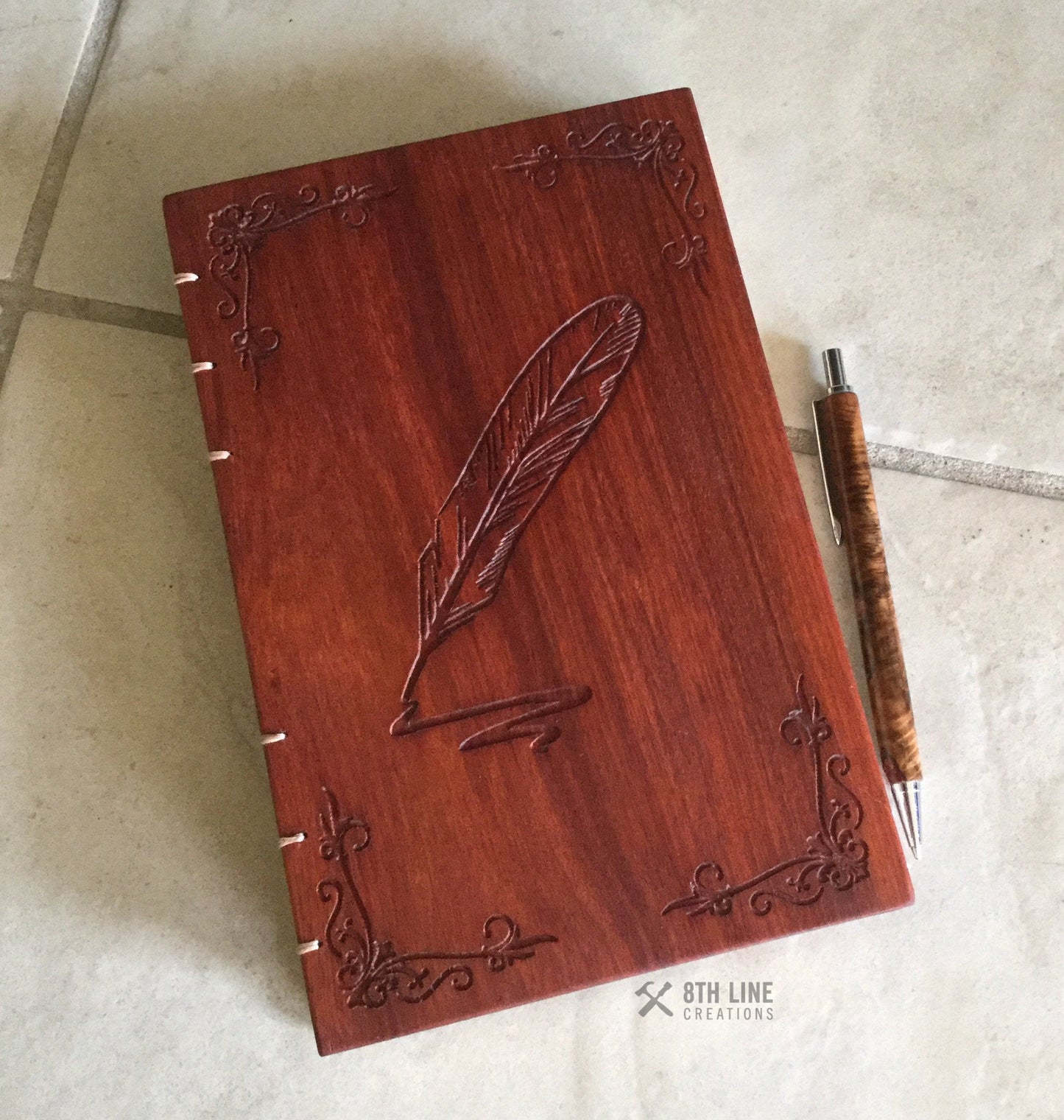 Notebook / diary Journal - Quill Pen Graphic - Padauk Custom Carved Diaries, Guest Books, Journals and Notebooks 8th Line Creations 