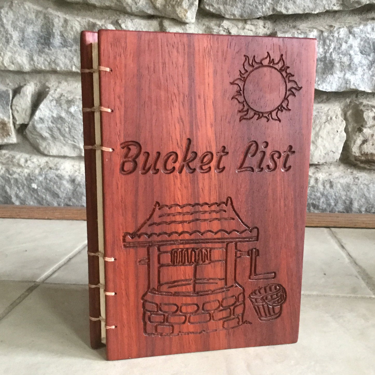 Personalized wooden notebook bucket list Coptic stitched made from padauk Custom Carved Diaries, Guest Books, Journals and Notebooks 8th Line Creations