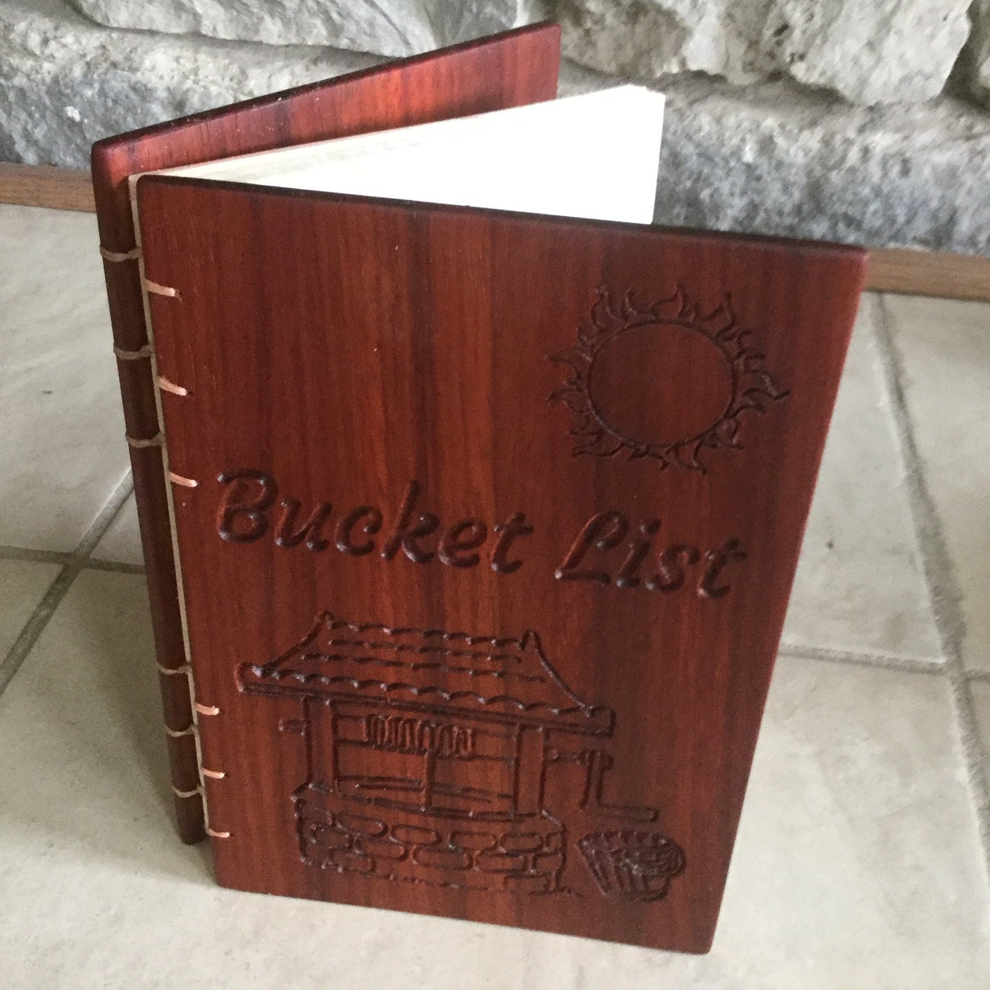 Personalized wooden notebook bucket list Coptic stitched made from padauk Custom Carved Diaries, Guest Books, Journals and Notebooks 8th Line Creations