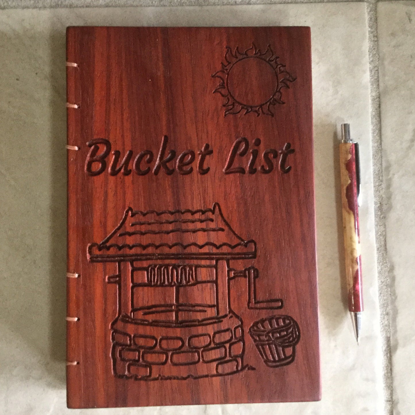 Personalized wooden notebook bucket list Coptic stitched made from padauk Custom Carved Diaries, Guest Books, Journals and Notebooks 8th Line Creations
