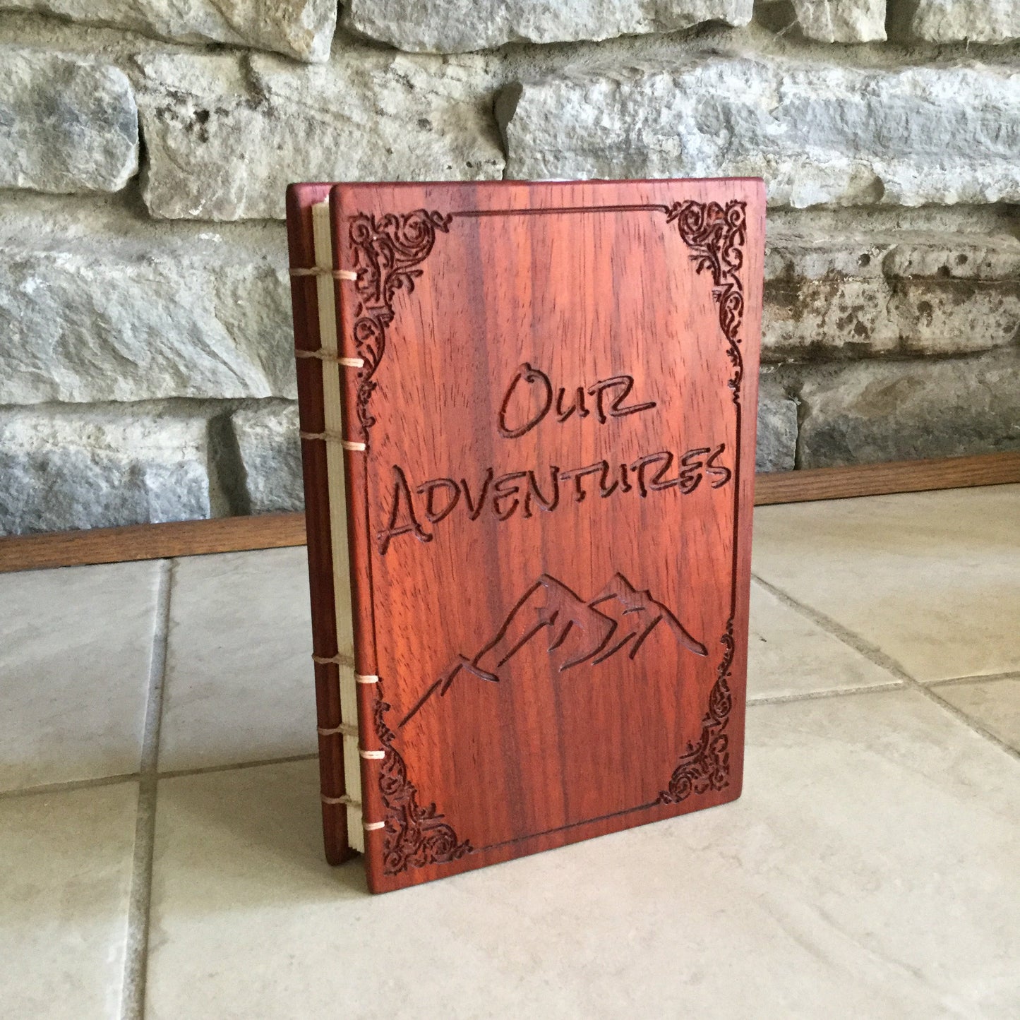 Personalized Diary - Our Adventures - coptic stitched - padauk Custom Carved Diaries, Guest Books, Journals and Notebooks 8th Line Creations 