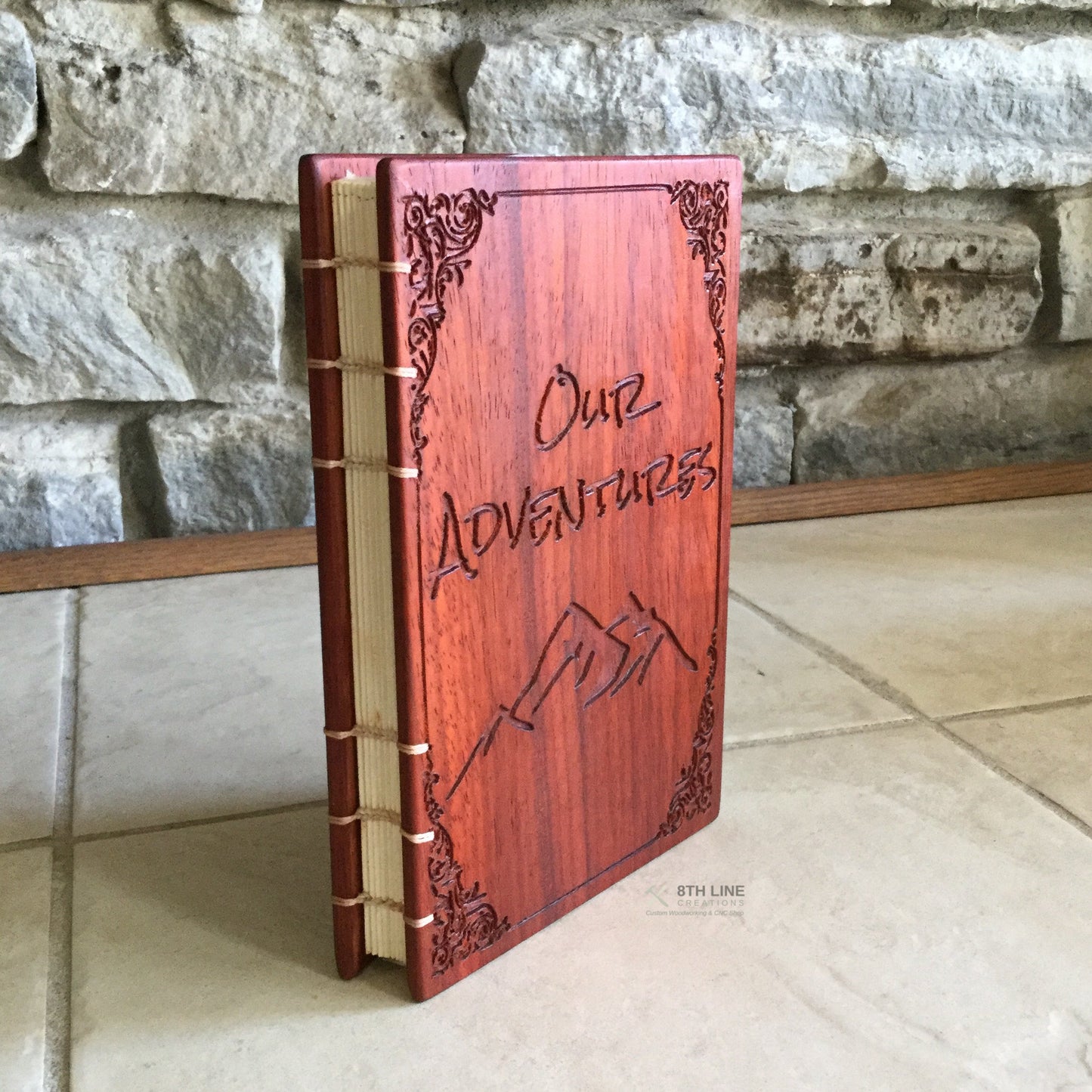 Personalized Diary - Our Adventures - coptic stitched - padauk Custom Carved Diaries, Guest Books, Journals and Notebooks 8th Line Creations