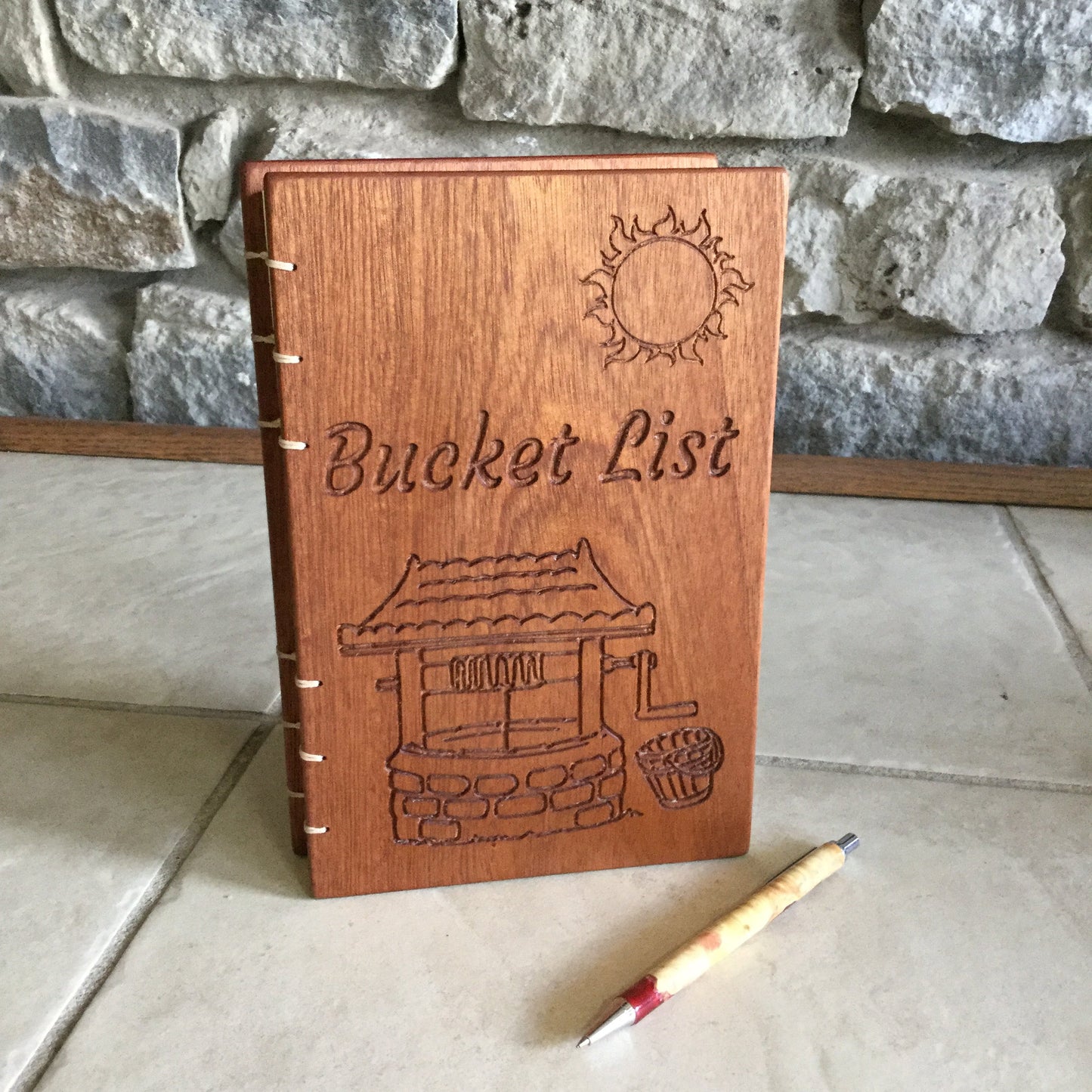Personalized Bucket List Journal / Diary - Sapele (Mahogany) - Coptic Stitched Custom Carved Diaries, Guest Books, Journals and Notebooks 8th Line Creations