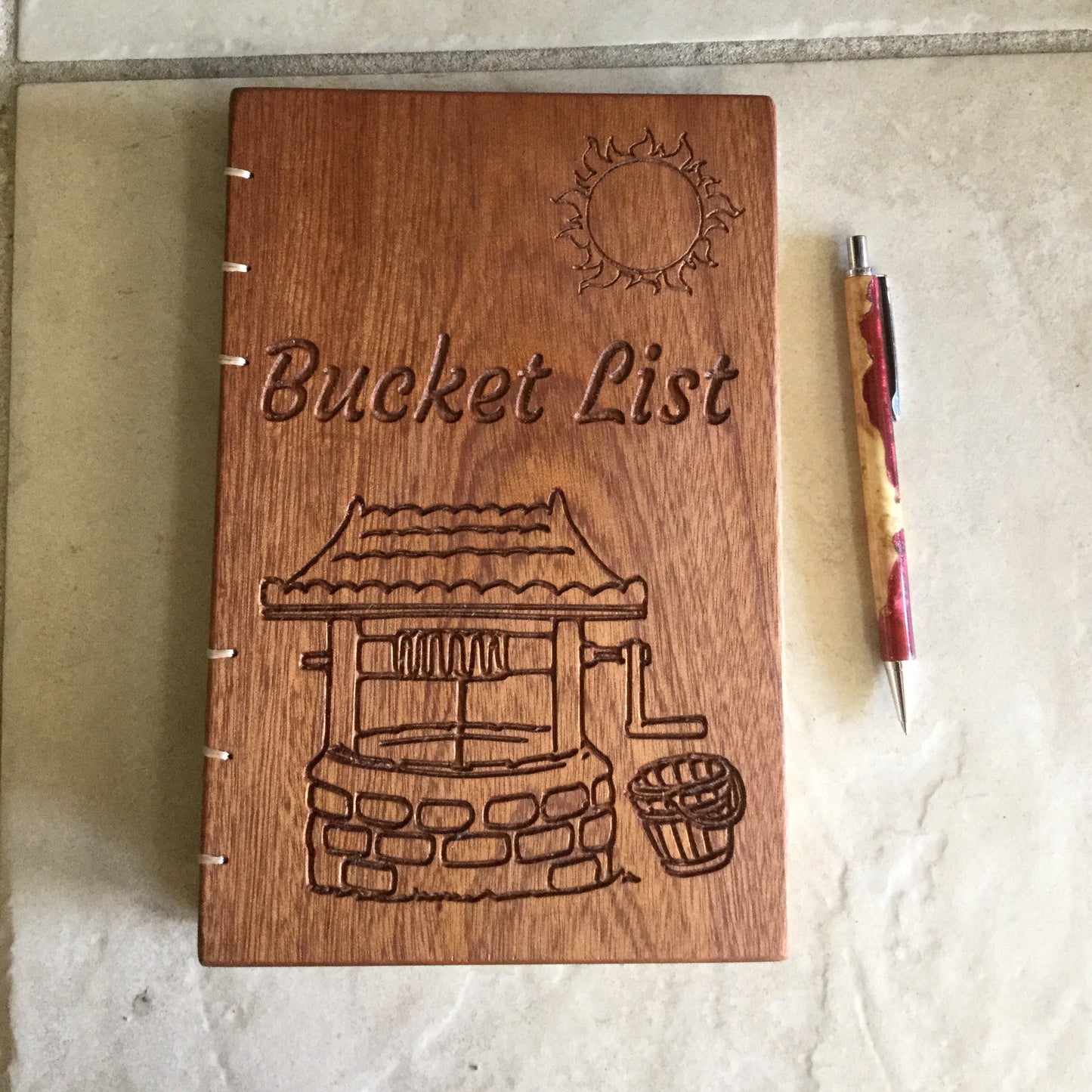 Personalized Bucket List Journal / Diary - Sapele (Mahogany) - Coptic Stitched Custom Carved Diaries, Guest Books, Journals and Notebooks 8th Line Creations