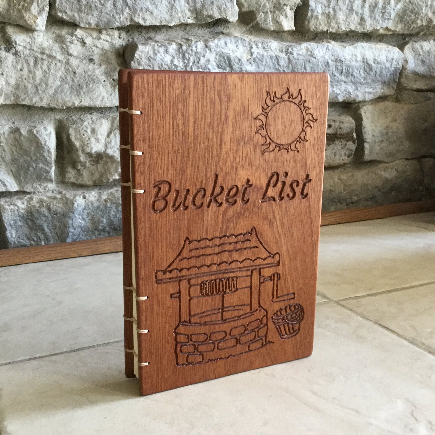 Personalized Bucket List Journal / Diary - Sapele (Mahogany) - Coptic Stitched Custom Carved Diaries, Guest Books, Journals and Notebooks 8th Line Creations