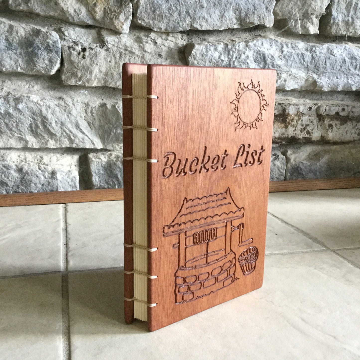 Personalized Bucket List Journal / Diary - Sapele (Mahogany) - Coptic Stitched Custom Carved Diaries, Guest Books, Journals and Notebooks 8th Line Creations 