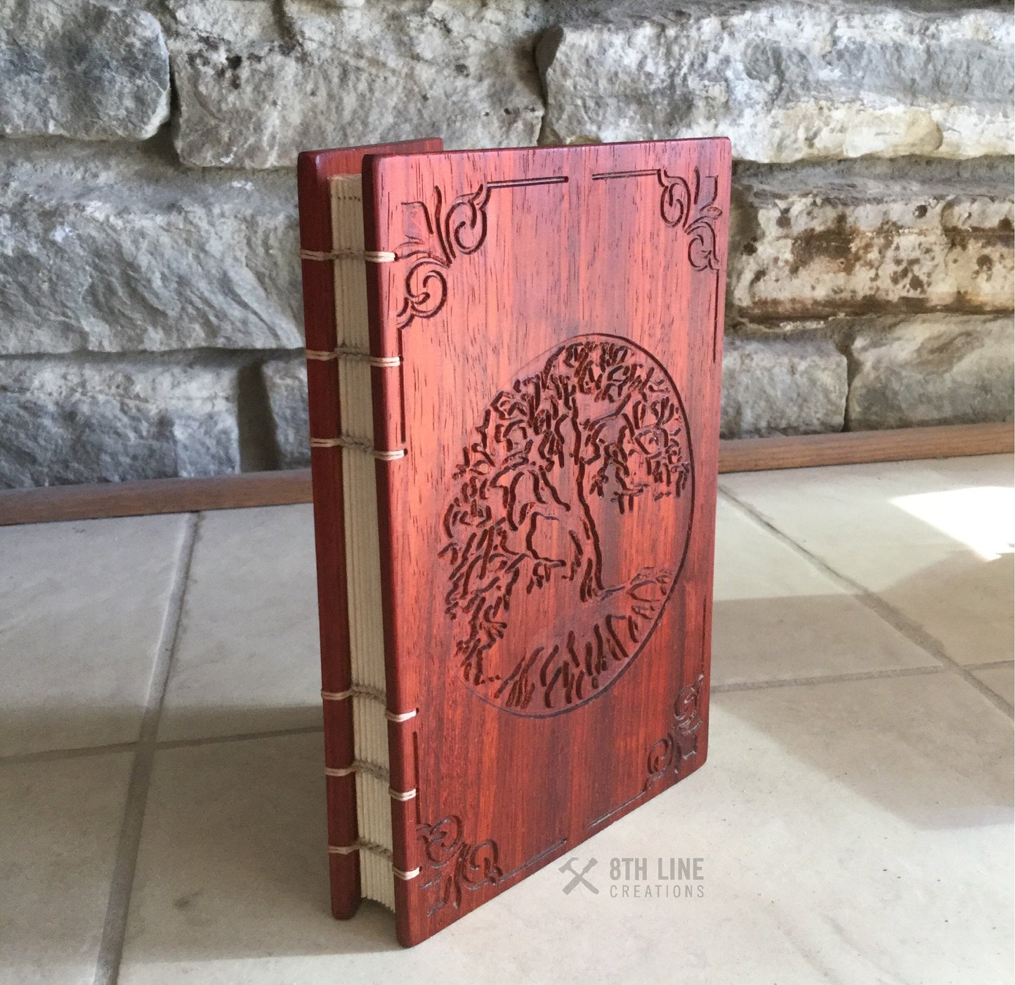 Personalized wooden Tree Of Life Journal Coptic Stitched Custom Carved Diaries, Guest Books, Journals and Notebooks 8th Line Creations 