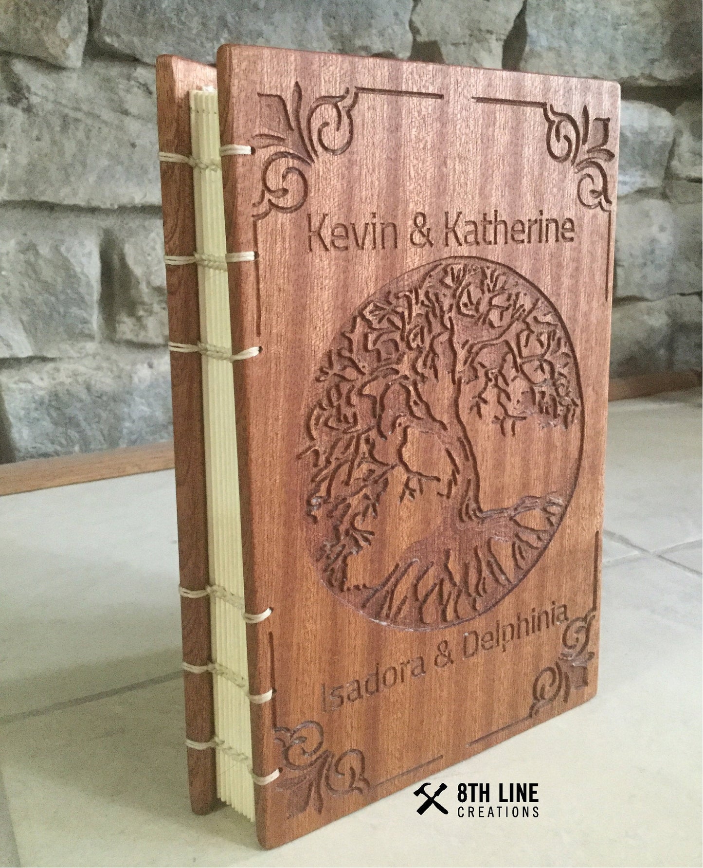 Personalized wooden Tree Of Life Journal Coptic Stitched Custom Carved Diaries, Guest Books, Journals and Notebooks 8th Line Creations 