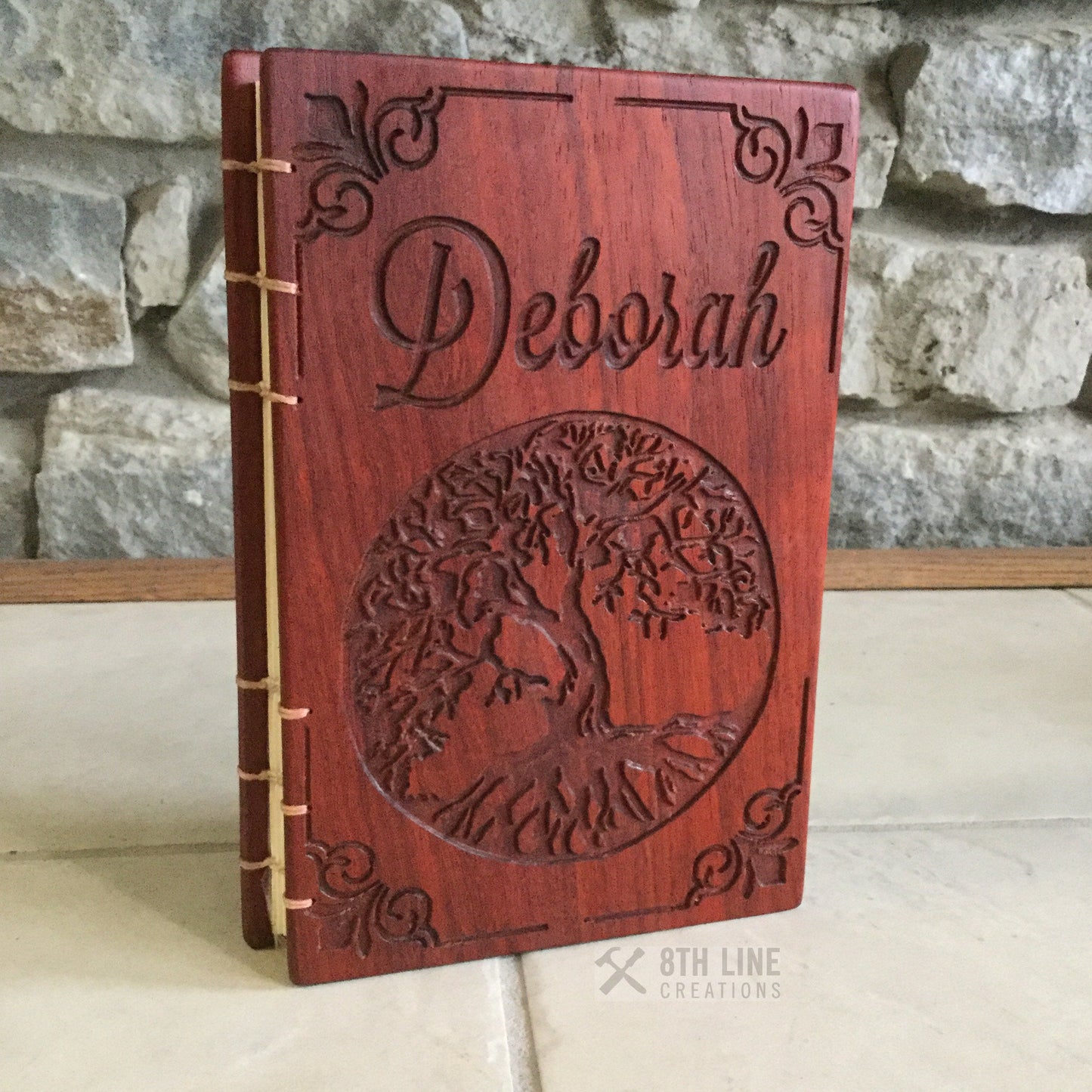 Personalized wooden Tree Of Life Journal Coptic Stitched Custom Carved Diaries, Guest Books, Journals and Notebooks 8th Line Creations 