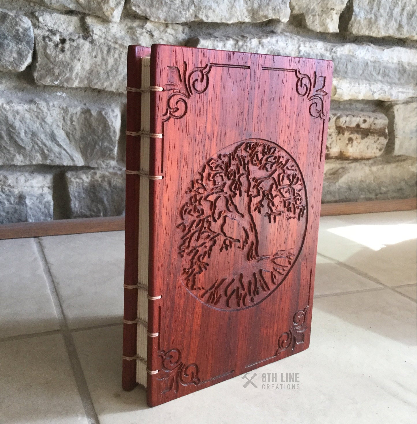 Personalized wooden Tree Of Life Journal Coptic Stitched Custom Carved Diaries, Guest Books, Journals and Notebooks 8th Line Creations 