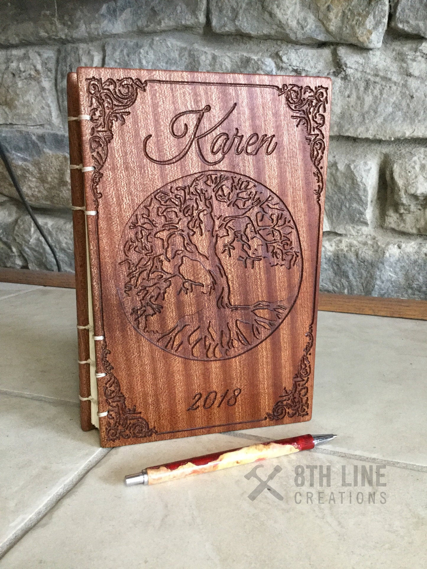 Personalized wooden Tree Of Life Journal Coptic Stitched Custom Carved Diaries, Guest Books, Journals and Notebooks 8th Line Creations