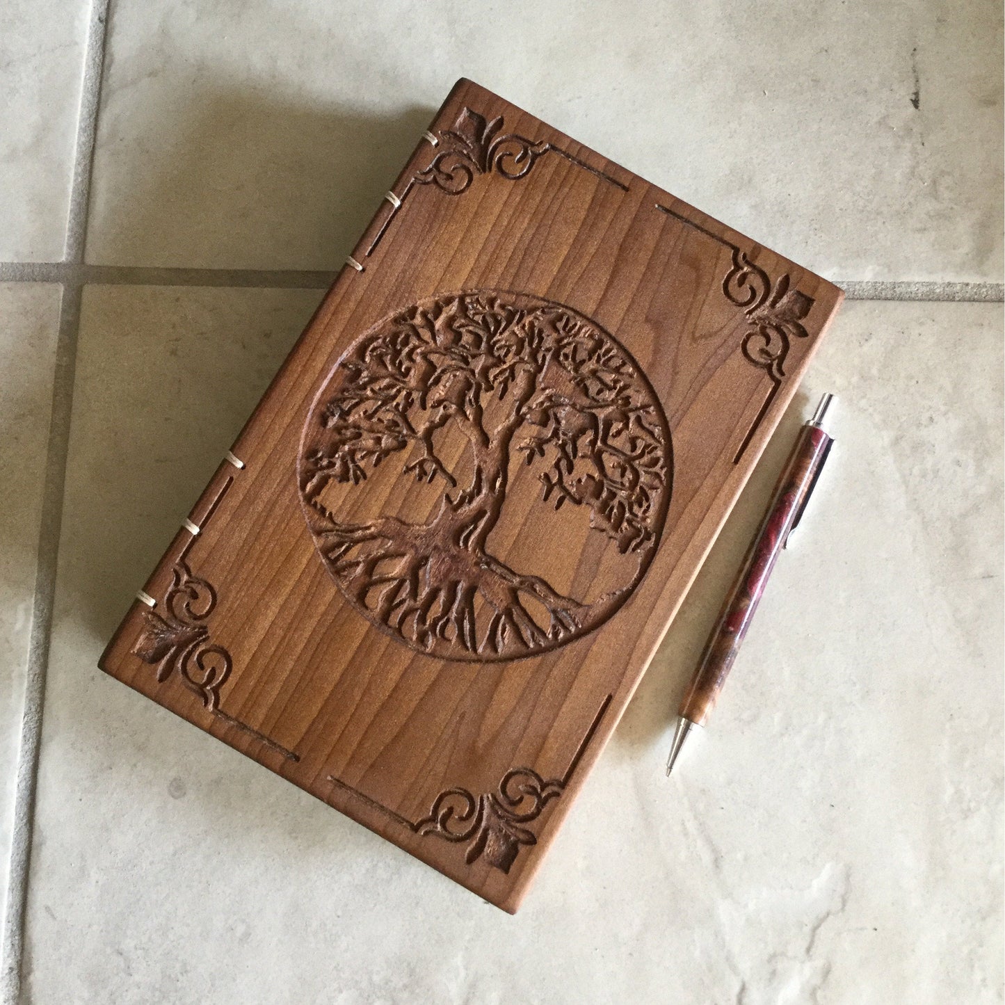 Personalized journal, Tree of life, diaries, Father's day gift, wooden book, Personal Diary, smoked poplar, Coptic stitched Custom Carved Diaries, Guest Books, Journals and Notebooks 8th Line Creations