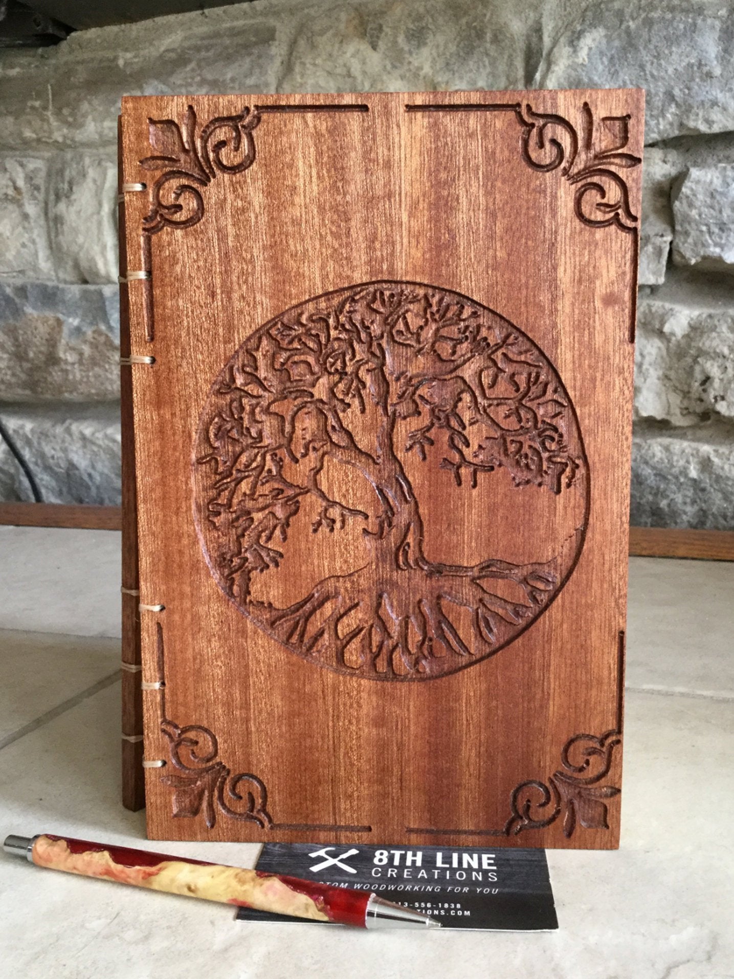 Personalized Journal, Tree Of Life,Diaries, Wooden Book,Notebooks , Personal Diary, Mother's day Gift, Unique Gifts, Mahogany, Coptic Stitch Custom Carved Diaries, Guest Books, Journals and Notebooks 8th Line Creations
