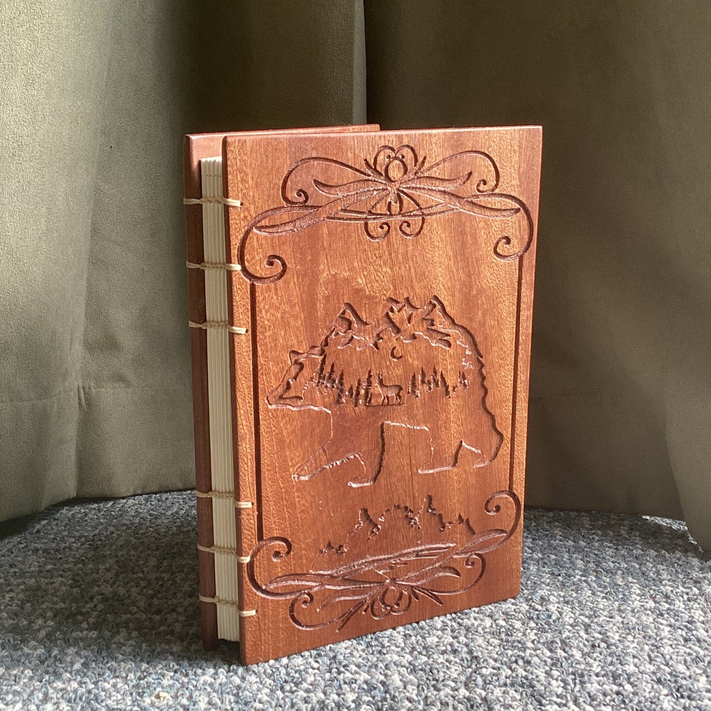 Engraved Personalized Journal, Bear, Canadian, Christmas Gift, Birthday gift, Sapele (Mahogany), Coptic Stitched Custom Carved Journals, Guest Books, Journals and Notebooks 8th Line Creations 