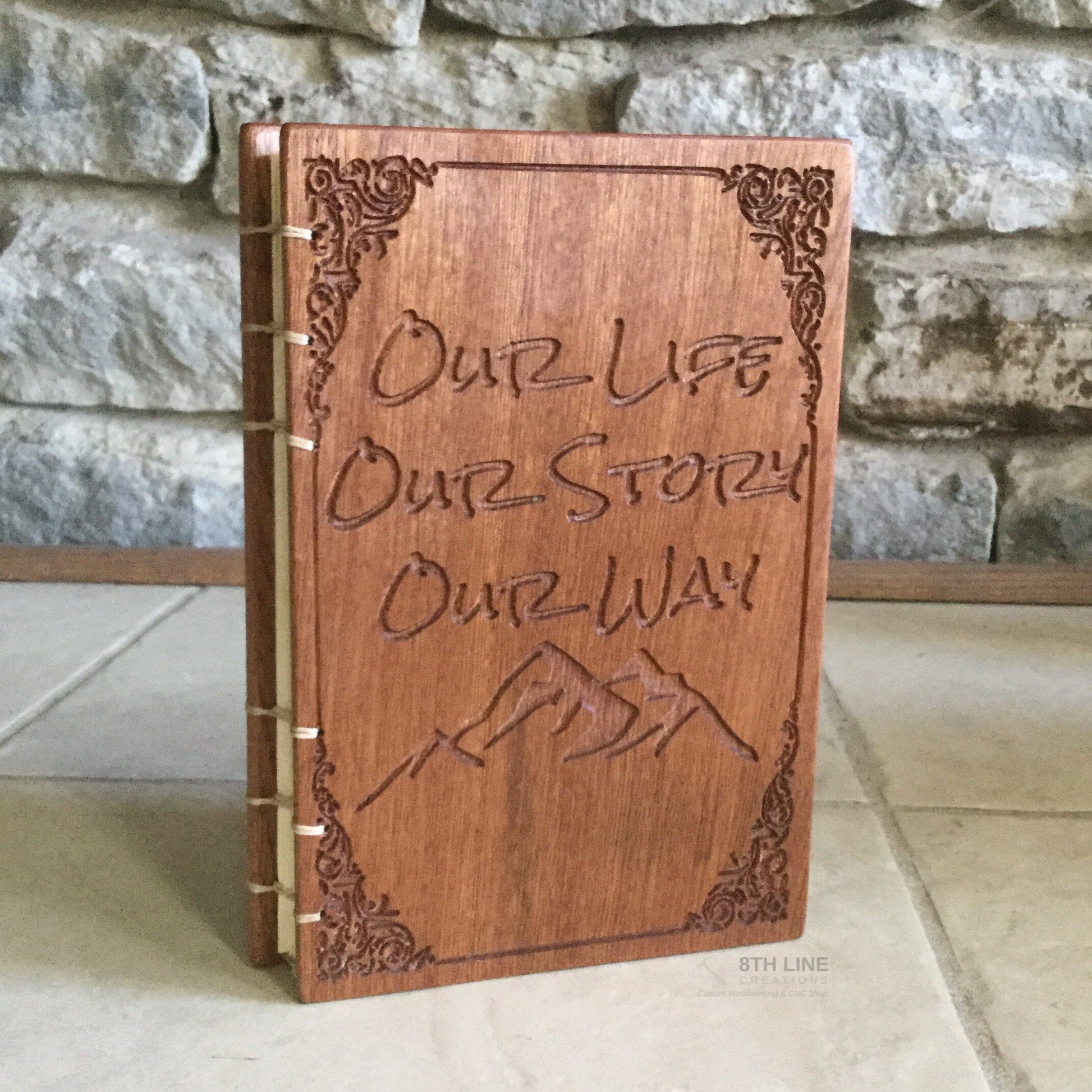 Personalized engraved journal, coptic stitched, personal diaries, wooden book, Mahogany Custom Carved Diaries, Guest Books, Journals and Notebooks 8th Line Creations 