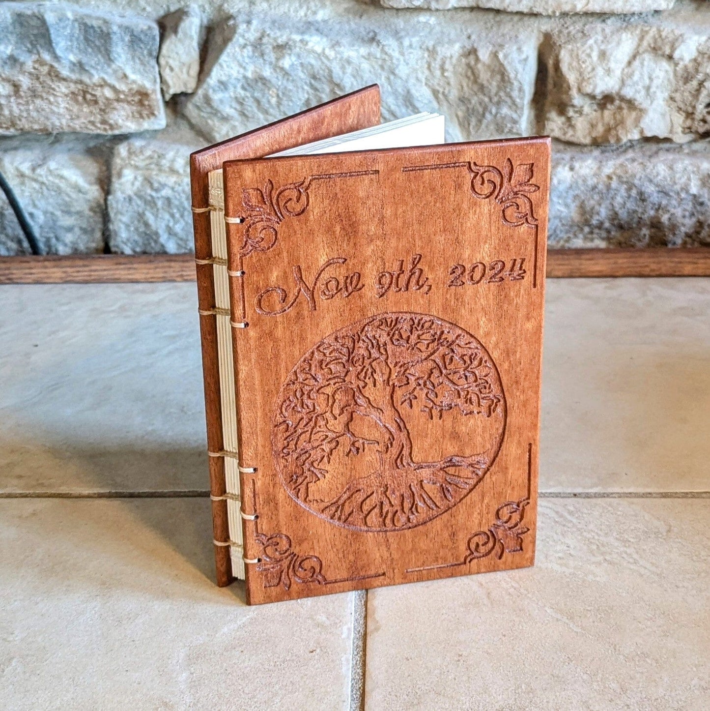 Personalized wooden engraved journal, Tree Of Life, Diaries, Notebooks, Personal Diary, Unique Gifts, Mahogany, Coptic Stitch Custom Carved Diaries, Guest Books, Journals and Notebooks 8th Line Creations 