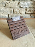 Wooden business card holder with carved logo holds 10 different cards Business Card Stands 8th Line Creations 
