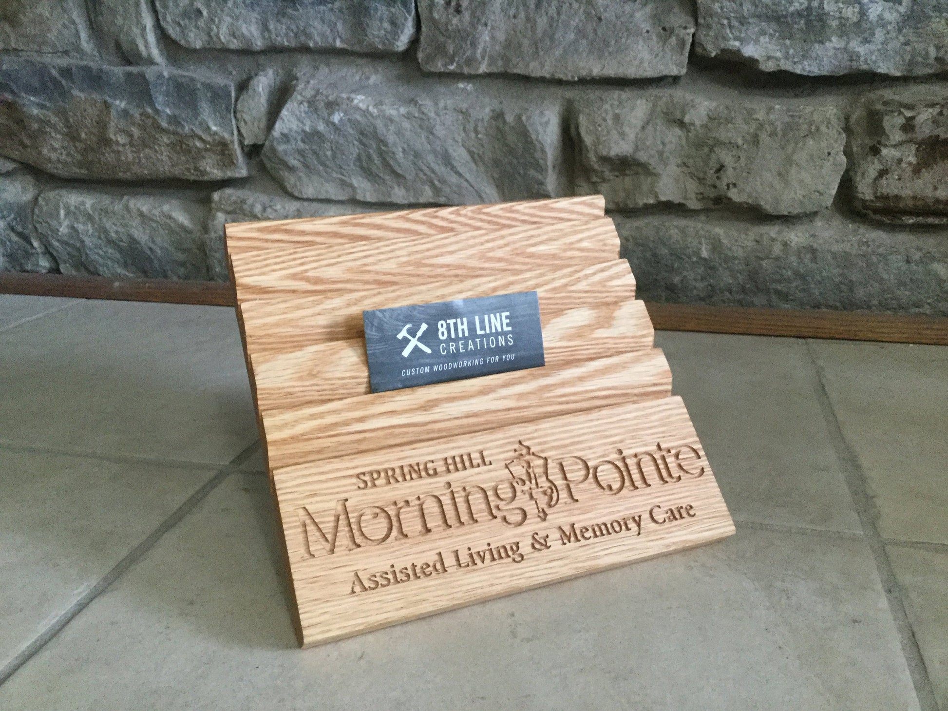 Wooden business card holder with carved logo holds 10 different cards Business Card Stands 8th Line Creations 