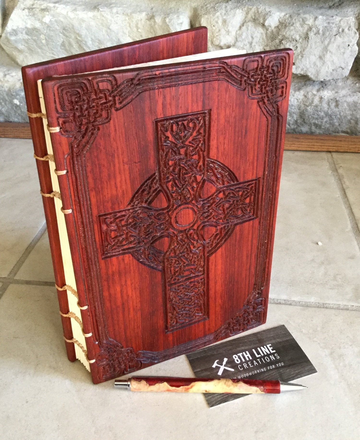 Celtic cross carved coptic stitched journal, Mother's day gift - padauk Custom Carved Journals, Guest Books, Journals and Notebooks 8th Line Creations 