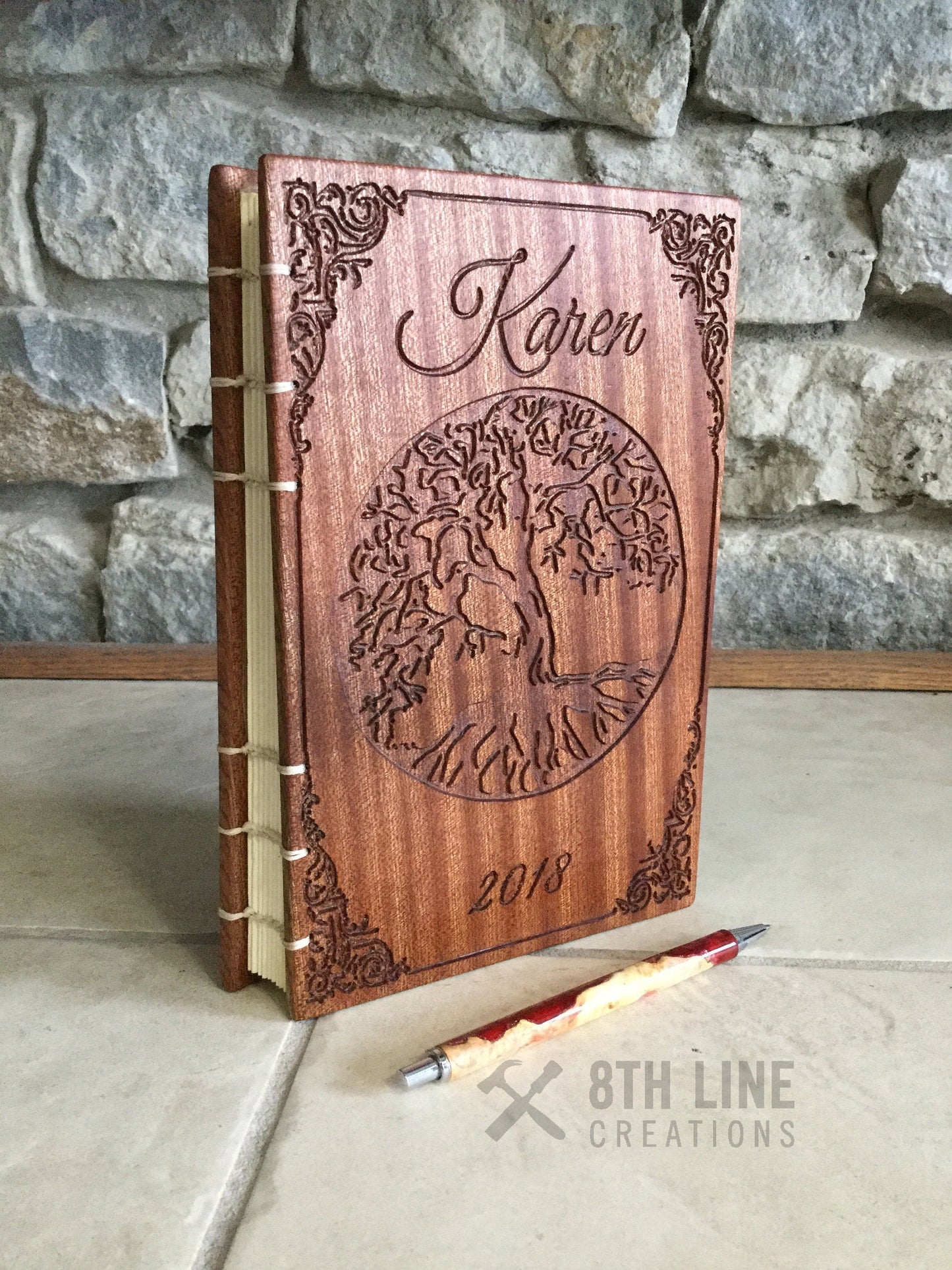 Cherry Coptic Stitched Carved Journal Custom Carved Diaries, Guest Books, Journals and Notebooks 8th Line Creations 