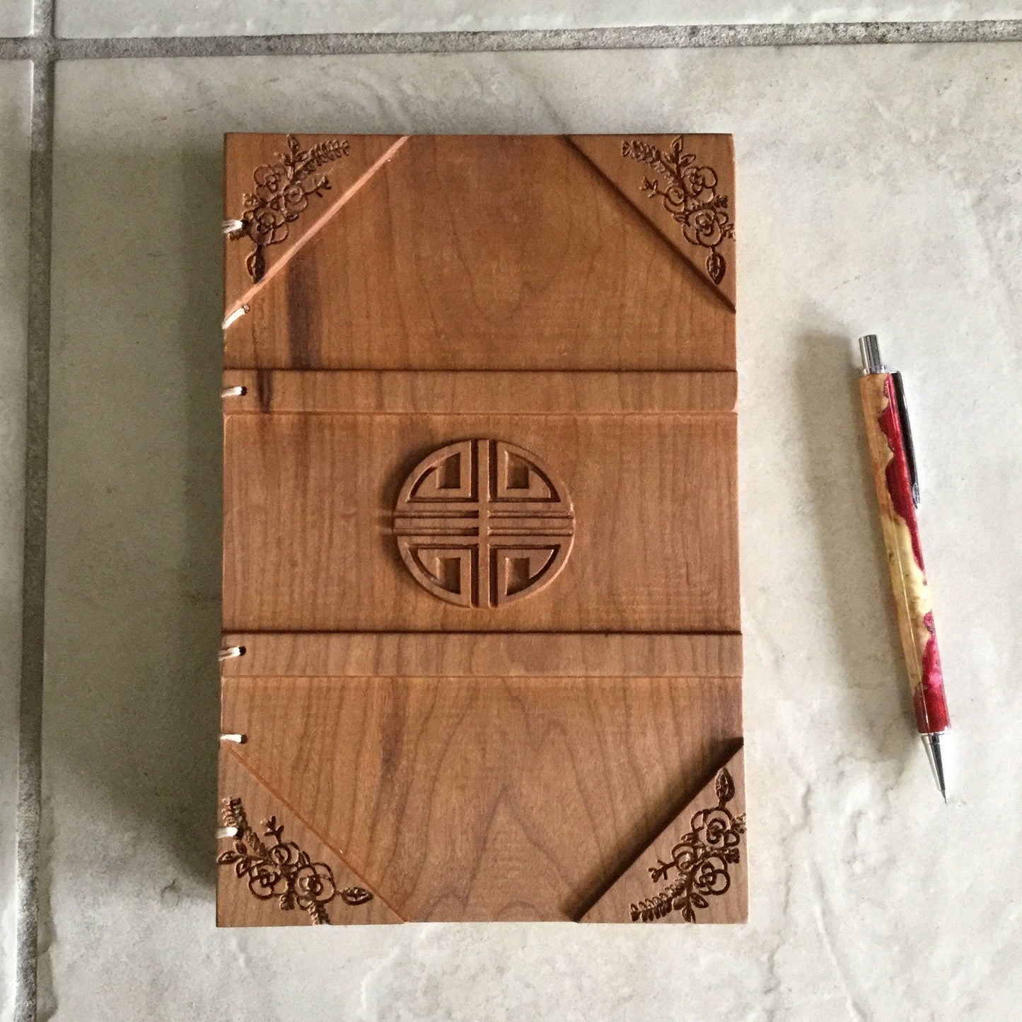 Cherry Coptic Stitched Carved Journal Custom Carved Diaries, Guest Books, Journals and Notebooks 8th Line Creations 