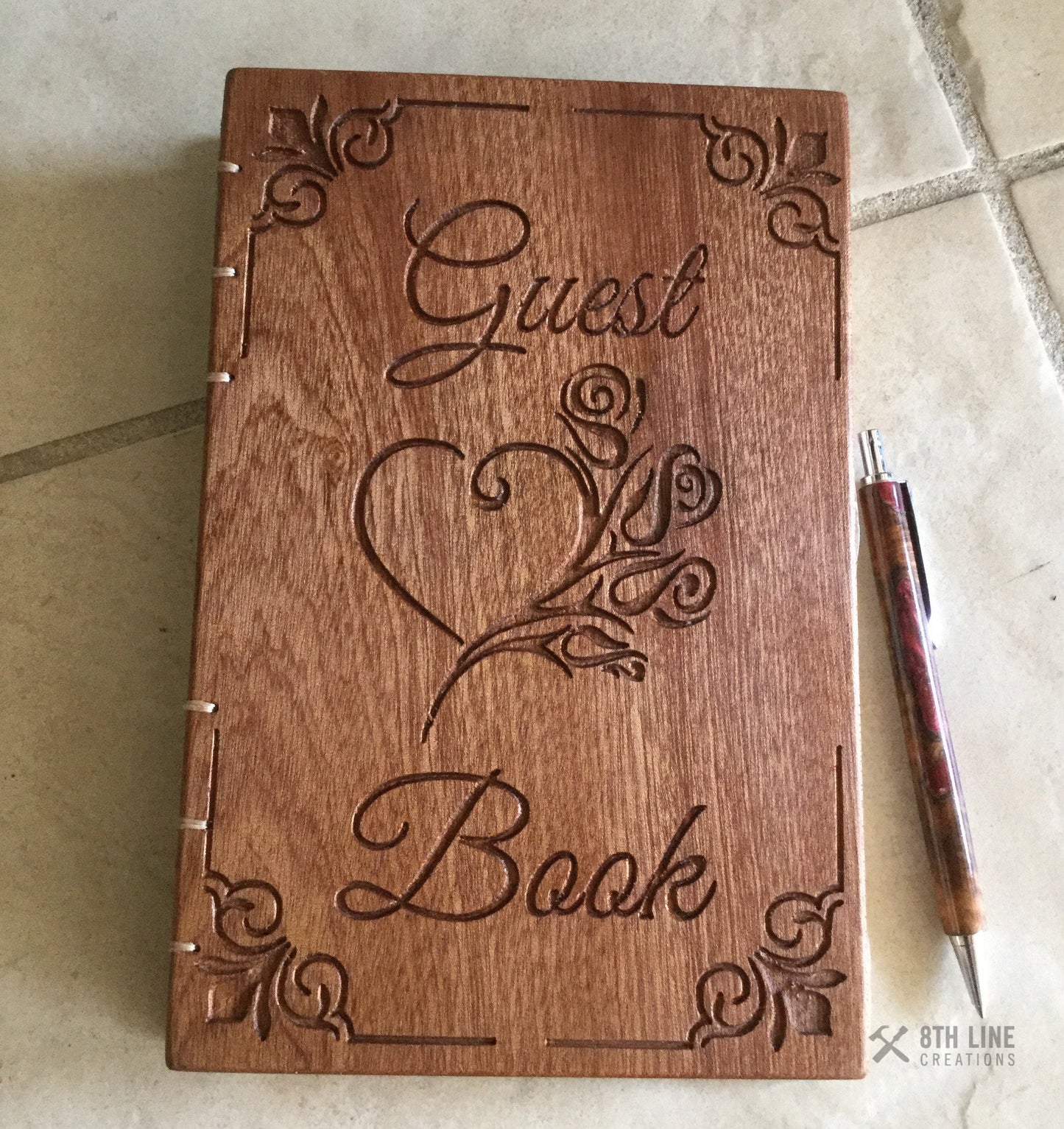 Guest Books - Coptic Stitched - Sapele (Mahogany) Custom Carved Diaries, Guest Books, Journals and Notebooks 8th Line Creations 