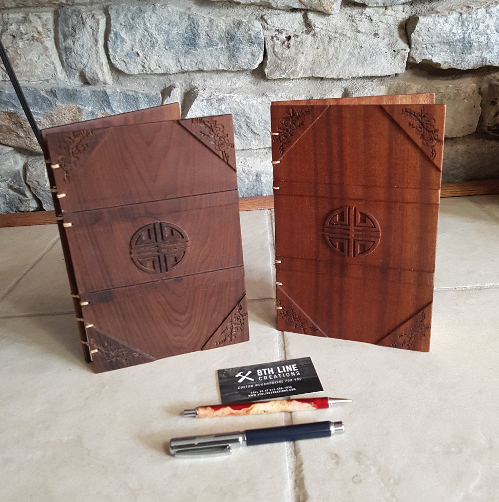 Notebook / diary Journal - Quill Pen Graphic - Padauk Custom Carved Diaries, Guest Books, Journals and Notebooks 8th Line Creations 