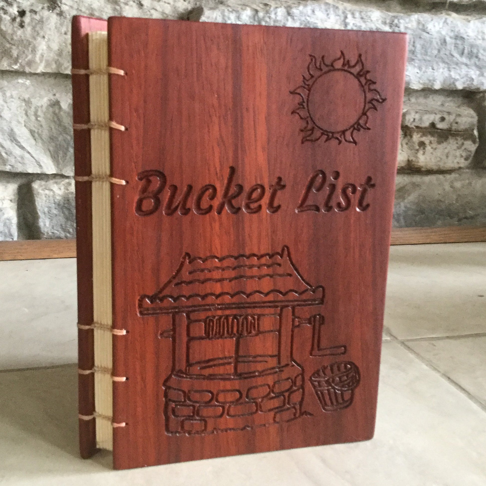 Personalized wooden notebook bucket list Coptic stitched made from padauk Custom Carved Diaries, Guest Books, Journals and Notebooks 8th Line Creations 