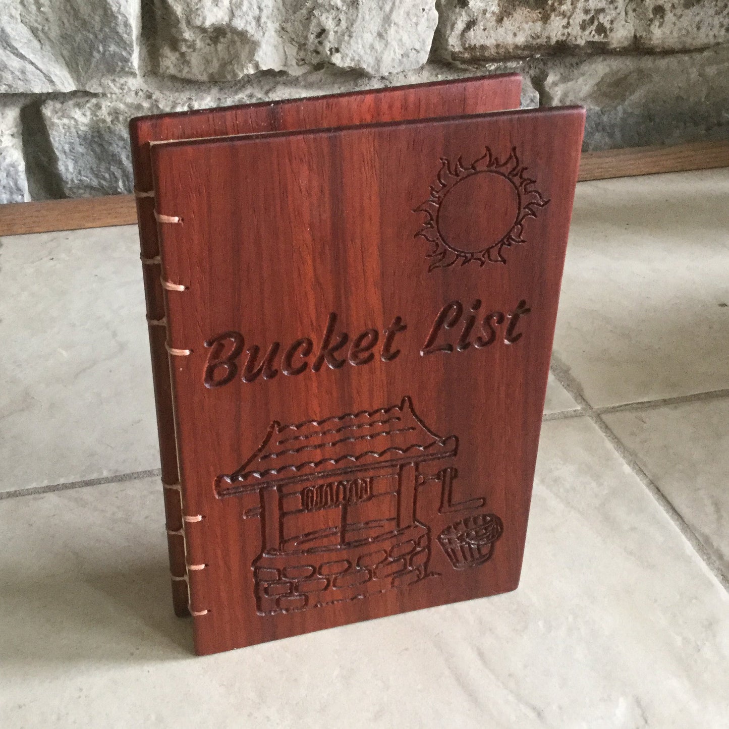 Personalized wooden notebook bucket list Coptic stitched made from padauk Custom Carved Diaries, Guest Books, Journals and Notebooks 8th Line Creations 