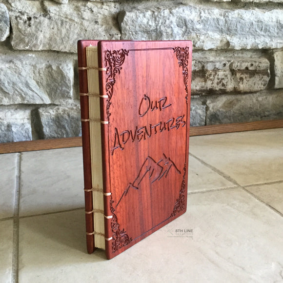 Personalized Diary - Our Adventures - coptic stitched - padauk Custom Carved Diaries, Guest Books, Journals and Notebooks 8th Line Creations 