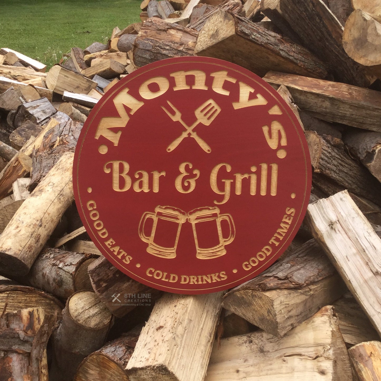 Personalised Wooden Bar and Grill Sign Custom Carved Wood Signs 8th Line Creations 